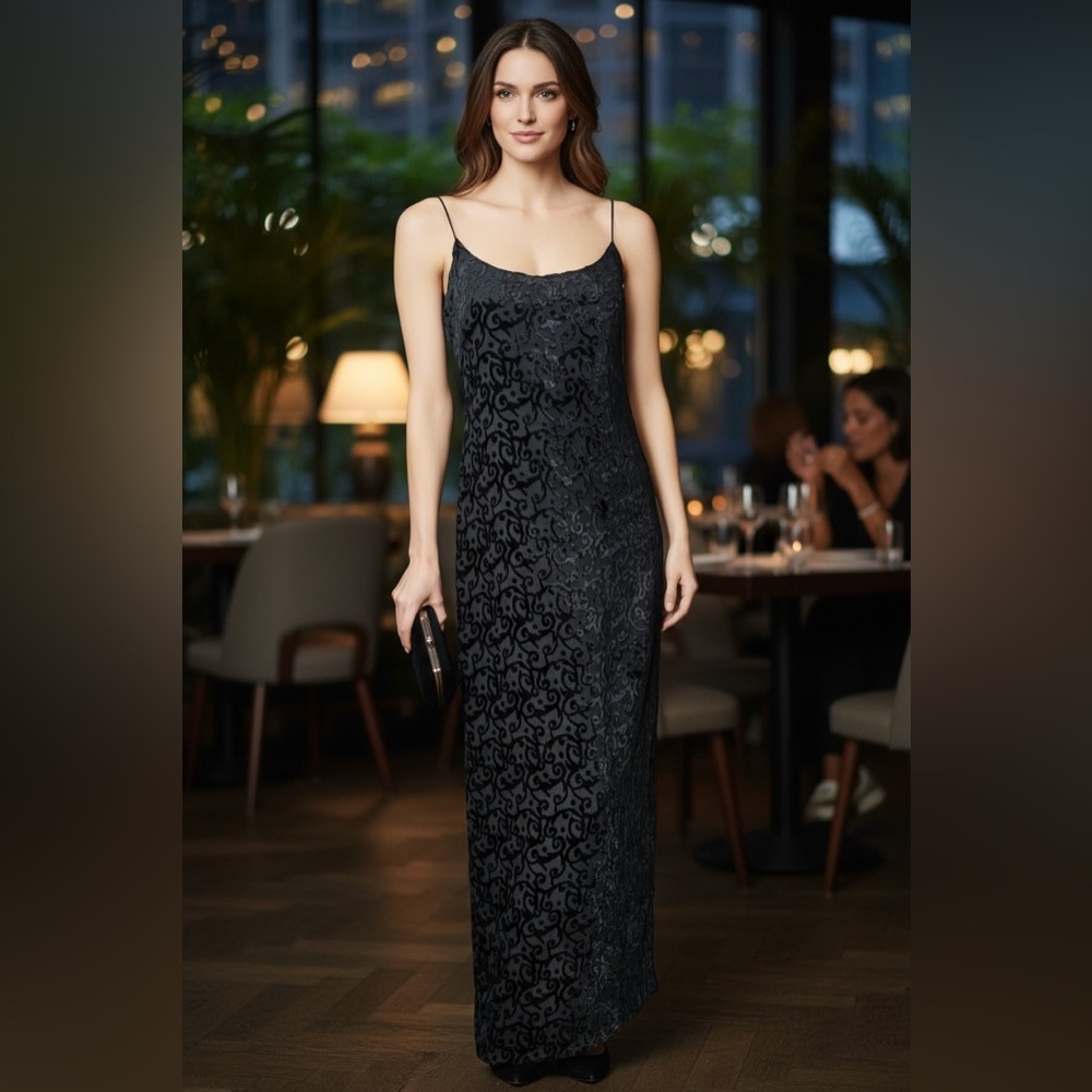 Laundry by Shelli Segal Vintage 1995 Maxi Black Lace Velvet Dress Sz 4 preowned